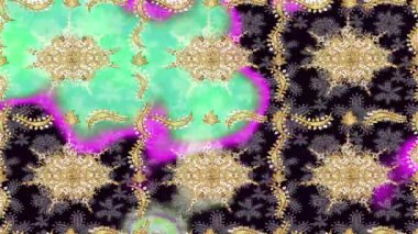 Renkli unsurlarla hareketli arka plan görüntüleri. Çiçekler. Eski model. Bayrak tarzı. Altın, altın. Video kaydı. Şablon.
