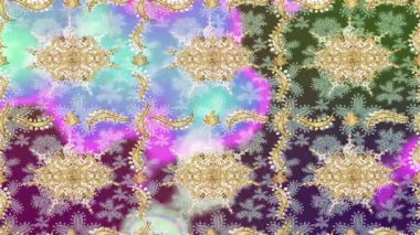 Renkli unsurlarla hareketli arka plan görüntüleri. Çiçekler. Eski model. Bayrak tarzı. Altın, altın. Video kaydı. Şablon.