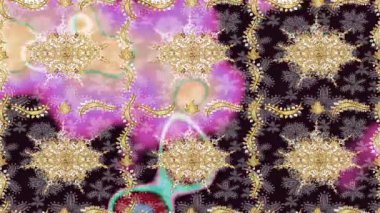Renkli unsurlarla hareketli arka plan görüntüleri. Çiçekler. Eski model. Bayrak tarzı. Altın, altın. Video kaydı. Şablon.