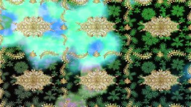 Renkli unsurlarla hareketli arka plan görüntüleri. Çiçekler. Eski model. Bayrak tarzı. Altın, altın. Video kaydı. Şablon.