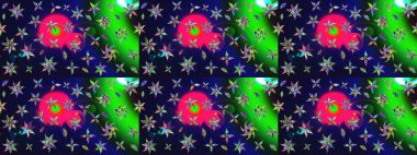 Çok renkli, zarif küçük çiçekler ve gri renkli komik böcekler, raster desen, illüstrasyon.