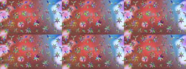 Çok renkli zarif küçük çiçekler ve pembe renkli komik böcekler, raster desen, illüstrasyon.