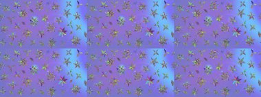 Mor renkli şirin çiçekler. Raster illüstrasyonu. Moda baskısı, albüm, ambalaj kağıdı ve duvar kağıdı için zarif dekoratif süslemeler. Küçük çiçekli basit bir çiçek çizimi..