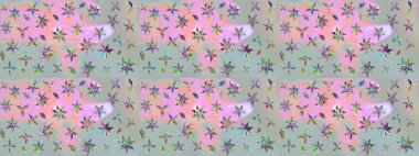 Çok renkli, zarif küçük çiçekler ve gri renkli komik böcekler, raster desen, illüstrasyon.