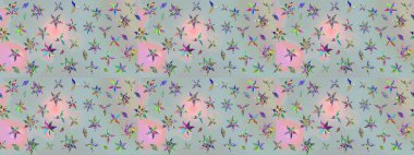 Renkli Bahar Teması eskiz kalıbı. Asya tekstil tarzında. Raster illüstrasyonu. Gri renkli çiçekler. Çiçek desenli çizim. Düz Çiçek Elementleri Tasarımı.