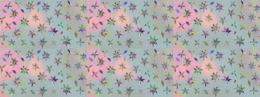 Raster illüstrasyonu. Gri renkli Asya tekstili. Suluboya çiçekli çiçek deseni.