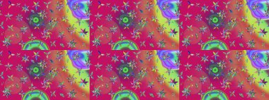 1950-1960 motifleri. Retro tekstil tasarım koleksiyonu. El çizimi çiçek unsurları olan soyut çizim raster deseni. Çiçekli ipek eşarp. Magenta magenta üzerine.