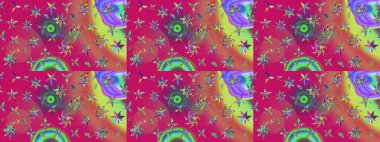 1950-1960 motifleri. Retro tekstil tasarım koleksiyonu. El çizimi çiçek unsurları olan soyut çizim raster deseni. Çiçekli ipek eşarp. Magenta magenta üzerine.