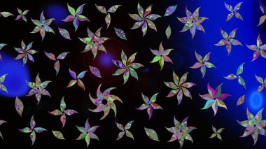 Raster illüstrasyonu. Şirin çiçekli eskiz deseni ve siyah renkli yapraklar, suluboya çiçek deseni, duvar kağıdı, kart veya kumaş için fayanslı.