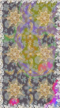 Süslü raster dekorasyonu. Barok tarzında duvar kağıdı tasarımı için kusursuz damaske deseni arkaplanı. Altın elementlerle gri renklerde altın desen.