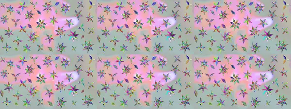 Çok renkli, zarif küçük çiçekler ve gri renkli komik böcekler, raster desen, illüstrasyon.