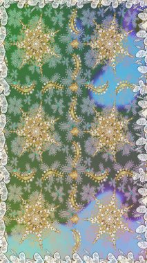 Doğu tarzı arabesk. Kusursuz altın desenli bukleler. Raster altın desen. Raster illüstrasyonu. Altın elementli yeşil renkler.