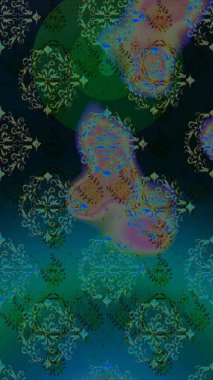 Yaz çiçekleri teması. El çizimi, soyut ve süslü elementler. Klasik çiçekler. Mavi, yeşil ve siyah renkler. Suluboya resim taklit Raster illüstrasyonu.