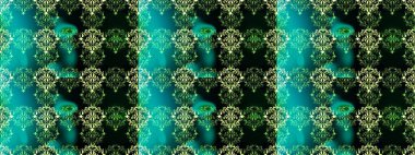 Raster illüstrasyonu. Kusursuz bir arka plan modeli. Yeşil, mavi ve siyah yapraklı yabani çiçekler. Suluboya, elle çizilmiş.