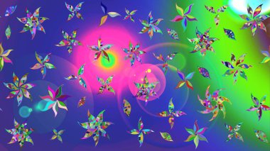 Raster - stok. Yapraklı çiçekler ve mavi renkli papatya çiçekleri. Taslak arkaplan deseni.