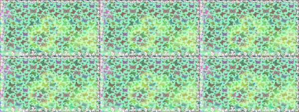 Kelebek desenli güzel çizim tasarımı. Mavi, nötr ve yeşil renkli resimler.