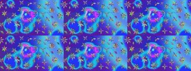 Mavi renkli Asya tekstili. Çiçek desenli çizim. Raster illüstrasyonu.