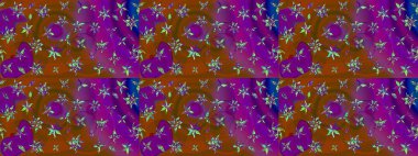 Birçok mor soyut çiçekli tropikal çizim deseni. Küçük çiçekteki sevimli çiçek deseni. Varicolopurple raster çizimi.