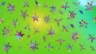 Çiçek ve yapraklı karalama şeklinde Raster çiçek deseni. Raster illüstrasyonu. Yumuşak, yeşil renkte bahar çiçekleri.