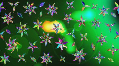 Çiçeksel fantezi tasarımı ve parlak bir arka plan çizimi. Düz Çiçek Elementleri Tasarımı. Renkli Bahar Teması çizim şablonu.