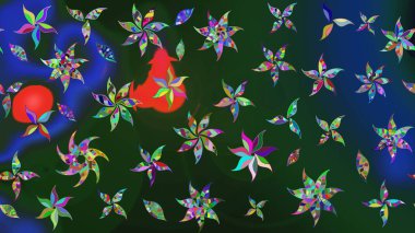 Dallı bahar çiçekleriyle desen, mavi renklerle çiçek siluetiyle desen. Raster deseni.