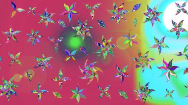 Suluboya elle çizilmiş çiçek desenli eskiz deseni. Parlak renkli fantezi çiçekleri, yapraklar, pembe renkli tomurcuklar.