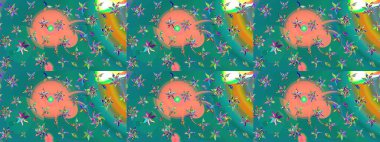 Çiçek desenli çizim. Raster illüstrasyonu. Asya tekstil tarzında. Raster illüstrasyonu. Mavi renkte çiçekler.