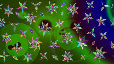 Raster Illustrasyon 'daki Çiçek Deseni' nin son moda çizimi. Renkli Yaz Temalı eskiz kalıbı. Yeşil renkli çiçekler. Düz Çiçek Elementleri Tasarımı.