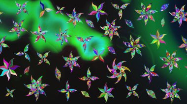 Eskiz arkaplan modeli. Yapraklı çiçekler ve kır renkli papatya çiçekleri. Raster - stok.