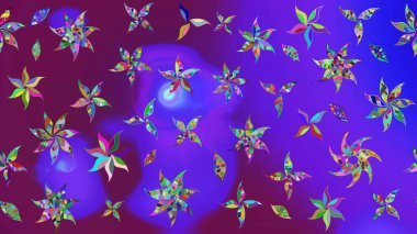 Suluboya elle çizilmiş çiçek desenli eskiz deseni. Parlak renkli fantezi çiçekleri, yapraklar, menekşe renkli tomurcuklar.