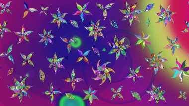 Düz Çiçek Elementleri Tasarımı. Renkli Bahar Teması eskiz kalıbı. Mor renkli çiçekler. Sevimli çiçek raster deseni.