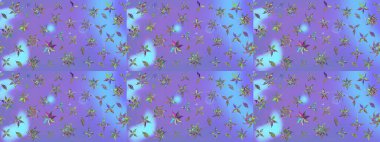 Birçok menekşe ve soyut çiçekli tropik çizim deseni. Küçük çiçekteki sevimli çiçek deseni. Varisolyot raster çizimi.