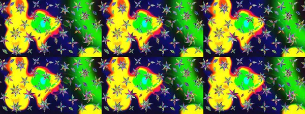 Düz Çiçek Elementleri Tasarımı. Renkli Bahar Teması eskiz kalıbı. Yeşil renkli çiçekler. Çiçek desenli çizim. Asya tekstil tarzında. Raster illüstrasyonu.