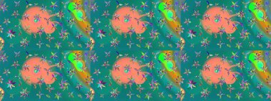 Raster illüstrasyonu. Şirin çiçekli eskiz deseni ve mavi renkli yapraklar, suluboya çiçek deseni, duvar kağıdı, kart veya kumaş için fayanslı.