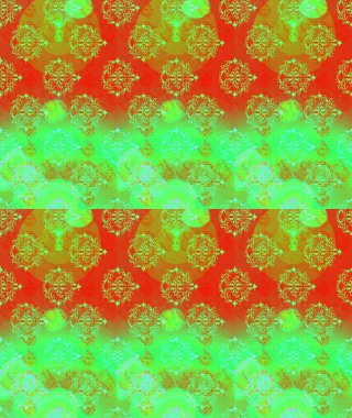 Raster. Yeşil, turuncu ve sarı renkte güzel çiçekli eskiz deseni, suluboya çiçek deseni, duvar kağıdı, kart veya kumaş için fayanslı.