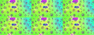 Raster illüstrasyonu. Şirin çiçekli eskiz deseni ve yeşil renkli yapraklar, suluboya çiçek deseni, duvar kağıdı, kart veya kumaş için fayanslı.