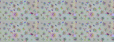 Çok renkli, zarif küçük çiçekler ve gri renkli komik böcekler, raster desen, illüstrasyon.