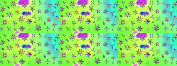 Raster illüstrasyonu. Şirin çiçekli eskiz deseni ve yeşil renkli yapraklar, suluboya çiçek deseni, duvar kağıdı, kart veya kumaş için fayanslı.