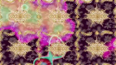 Renkli unsurlarla hareketli arka plan görüntüleri. Çiçekler. Eski model. Bayrak tarzı. Altın, altın. Video kaydı. Şablon.