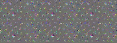 Çok renkli, zarif küçük çiçekler ve gri renkli komik böcekler, raster desen, illüstrasyon.