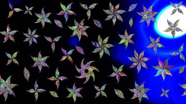 Siyah renkli çiçekler. Hediye ambalaj kağıdı, tebrik kartları, posterler ve pankart tasarımı. Raster düz çiçek çizim deseni.