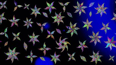 Siyah arka planda. Tekstil, kumaş, ambalaj, hatıra defteri için hoş bir çiçek arkaplanı. Elle çizilmiş çiçek desenli Raster çizimi. Çocuksu tasarım.