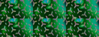 Noel ve yeni yıl moda baskıları için tatil tasarımı. Renkler. Raster illüstrasyonu. Kar tanelerinin soyut arkaplanlı Noel şablonu. Yeşil, mavi ve mor kar taneleri.