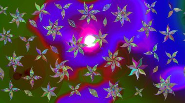 Halk tarzı. Parlak renkli çiçekleri ve mor renkli yaprakları olan harika bir çiçek deseni. Modern çiçek arkaplanı. Moda baskıları için zarif bir şablon.