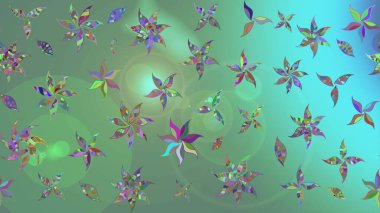 Raster illüstrasyonu. Yaprak ve çiçeklerin suluboya resimleri, yeşil renkte çizimler. Yumuşak, yeşil renkte bahar çiçekleri.