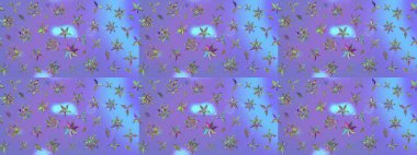 Nazik romantik baskı. Raster güzel bir çiçek deseni çizmiş. Mor renkli çiçekler. Tatil havası. Bahar mevsimi.