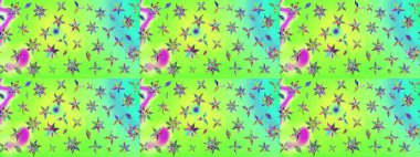 Çok yeşil zarif küçük çiçekler ve yeşil renkli komik böcekler, raster desen, illüstrasyon.