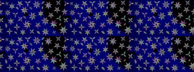 Halk tarzı. Moda baskıları için zarif bir şablon. Parlak renkli çiçekleri ve mavi yaprakları olan harika bir çiçek deseni. Modern çiçek arkaplanı.