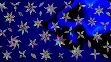 Yumuşak, mavi renkte bahar çiçekleri. Raster illüstrasyonu. Yaprak ve çiçeklerin suluboya resmi, mavi renkte çizim deseni.