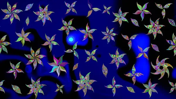 Çok mavi, zarif küçük çiçekler ve mavi renkli komik böcekler, raster desen, illüstrasyon.